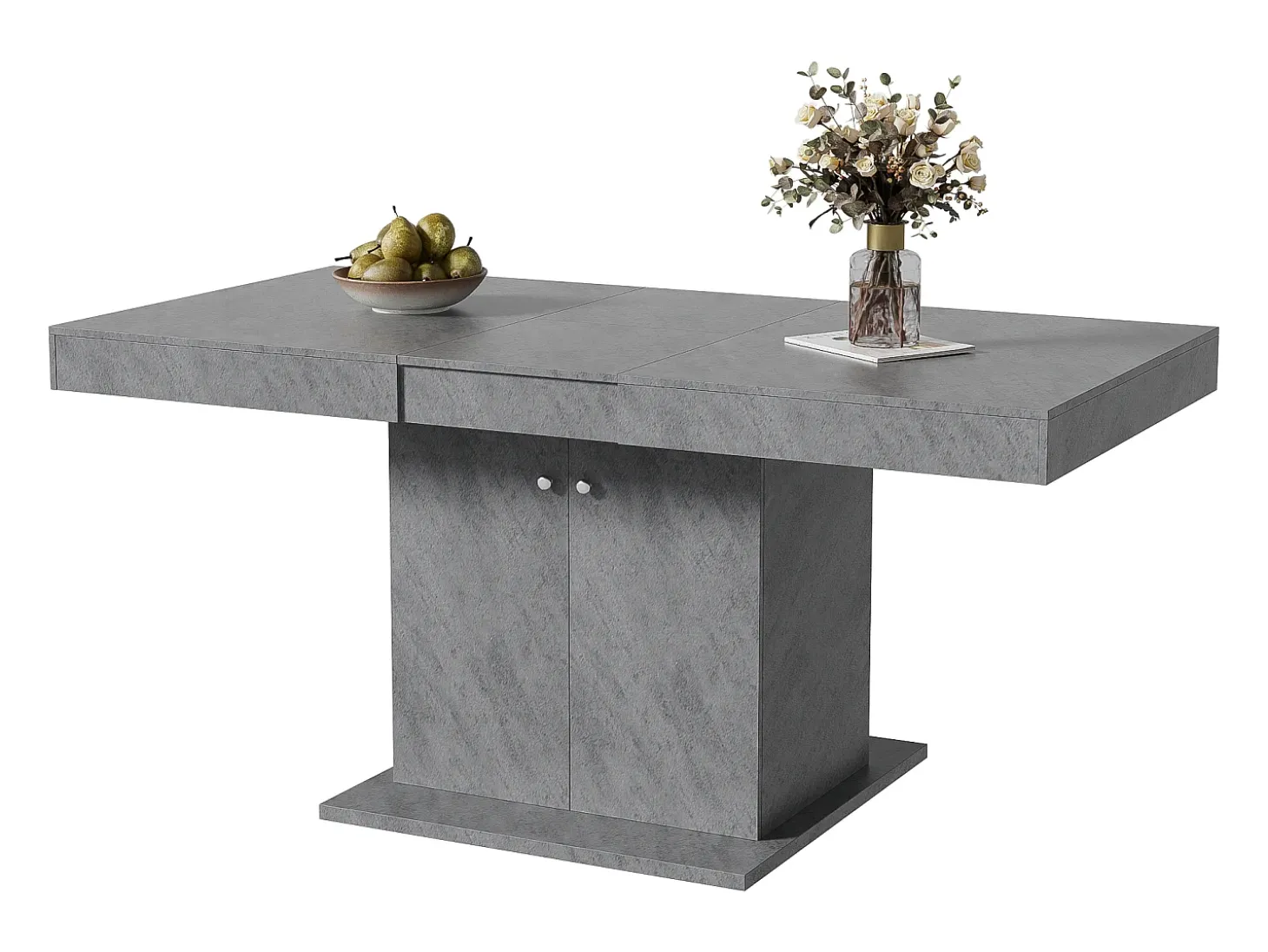 Mesa de comedor extensible, automática, con espacio de almacenaje, Aglomerado, Efecto hormigón, (140/180x80x76 cm)