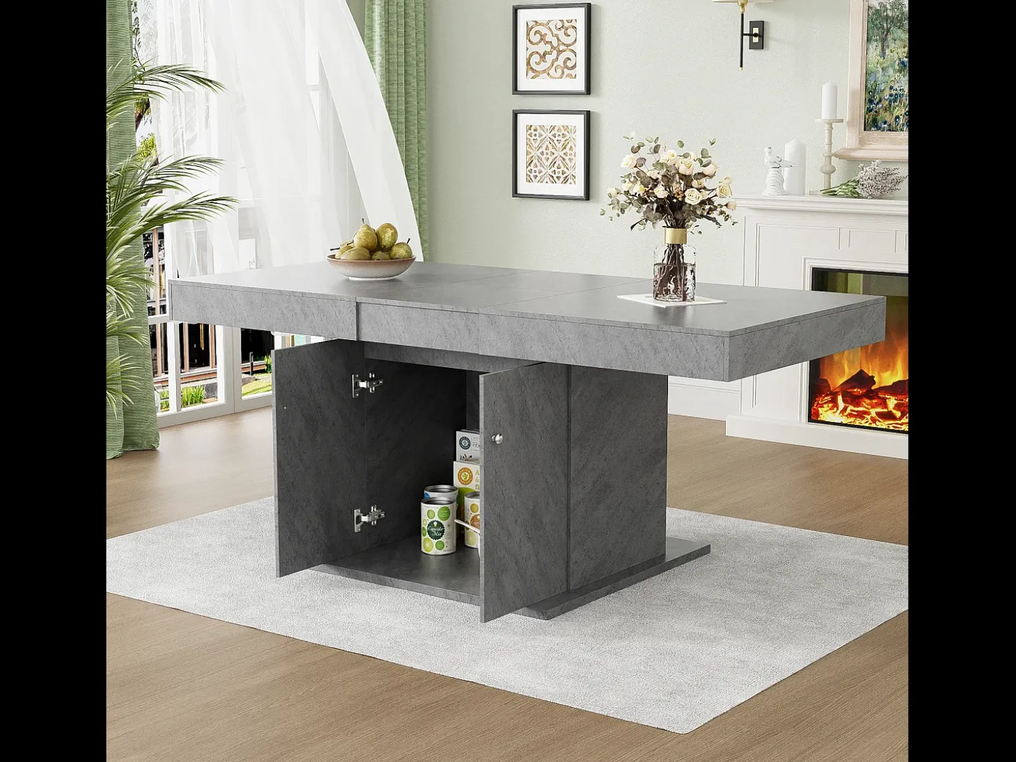 Mesa de comedor extensible, automática, con espacio de almacenaje, Aglomerado, Efecto hormigón, (140/180x80x76 cm)