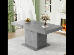 Mesa de comedor extensible, automática, con espacio de almacenaje, Aglomerado, Efecto hormigón, (140/180x80x76 cm)