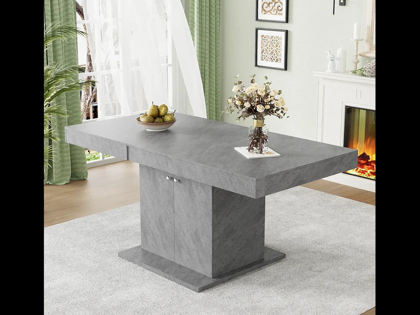 Mesa de comedor extensible, automática, con espacio de almacenaje, Aglomerado, Efecto hormigón, (140/180x80x76 cm)