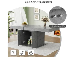 Mesa de comedor extensible, automática, con espacio de almacenaje, Aglomerado, Efecto hormigón, (140/180x80x76 cm)