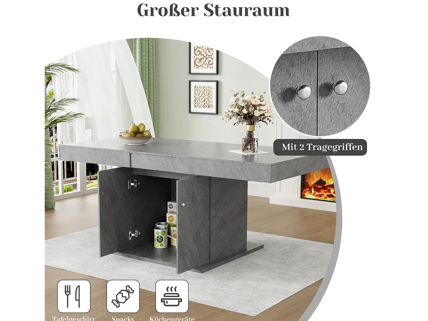Mesa de comedor extensible, automática, con espacio de almacenaje, Aglomerado, Efecto hormigón, (140/180x80x76 cm)