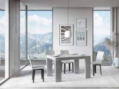Mesa de comedor extensible de madera Ribo-Color Gris cemento-Base y soporte con ruedas-Alargaderas -Ancho extensible