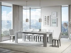 Mesa de comedor extensible de madera Ribo-Color Gris cemento-Base y soporte con ruedas-Alargaderas -Ancho extensible
