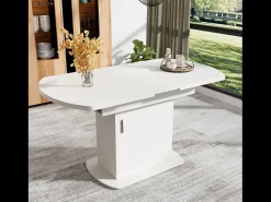 Mesa de comedor extensible ovalada con espacio de almacenamiento, diseño moderno, tablero de partículas, blanco y plateado (L110/130 x An70 x Al75 cm)