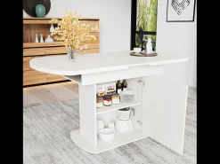 Mesa de comedor extensible ovalada con espacio de almacenamiento, diseño moderno, tablero de partículas, blanco y plateado (L110/130 x An70 x Al75 cm)