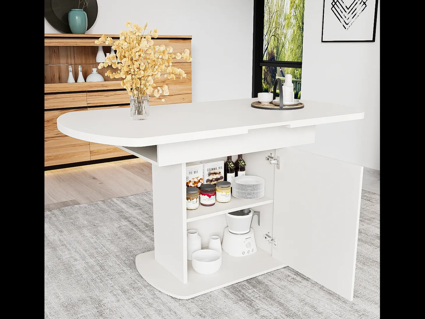 Mesa de comedor extensible ovalada con espacio de almacenamiento, diseño moderno, tablero de partículas, blanco y plateado (L110/130 x An70 x Al75 cm)