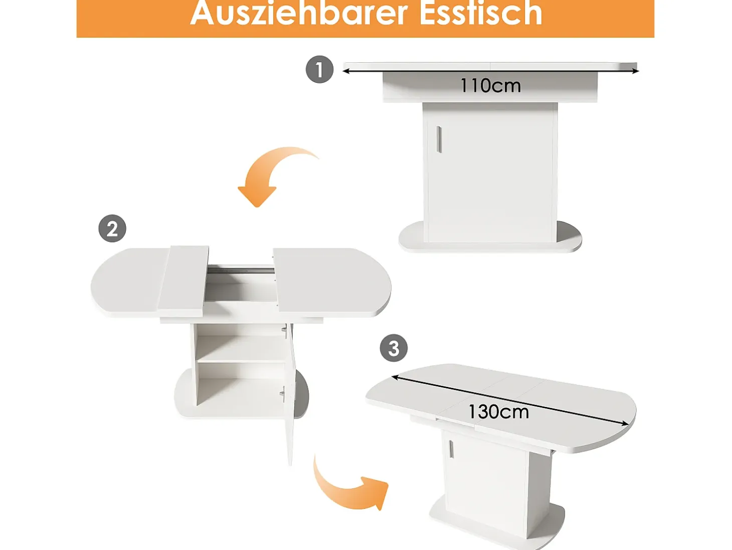 Mesa de comedor extensible ovalada con espacio de almacenamiento, diseño moderno, tablero de partículas, blanco y plateado (L110/130 x An70 x Al75 cm)