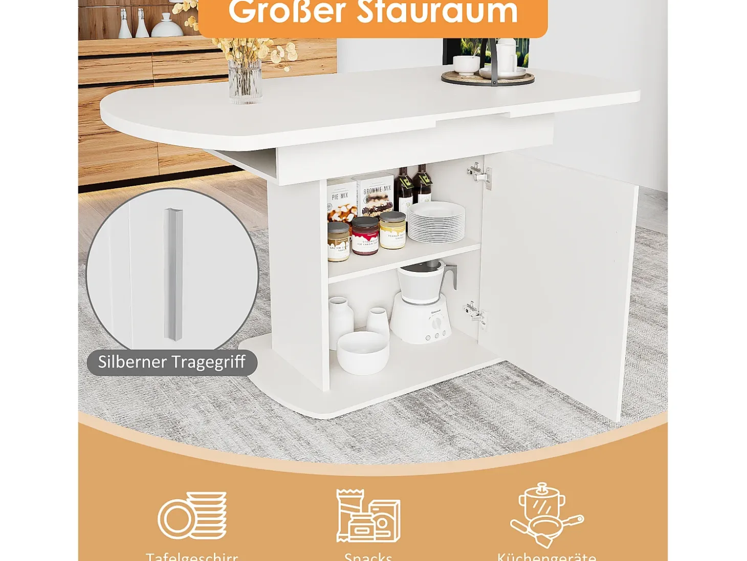 Mesa de comedor extensible ovalada con espacio de almacenamiento, diseño moderno, tablero de partículas, blanco y plateado (L110/130 x An70 x Al75 cm)