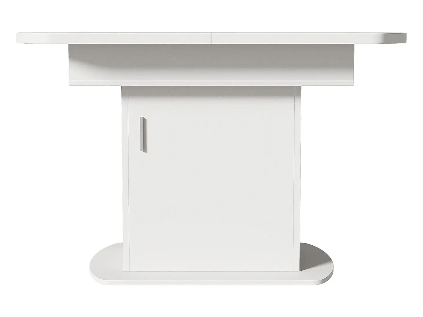 Mesa de comedor extensible ovalada con espacio de almacenamiento, diseño moderno, tablero de partículas, blanco y plateado (L110/130 x An70 x Al75 cm)