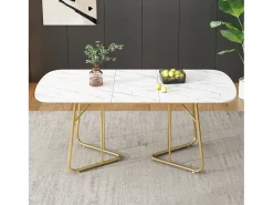 Mesa de comedor extensible para 4-6 personas 180x80cm en MDF con patas de metal dorado, chapa de mármol blanco