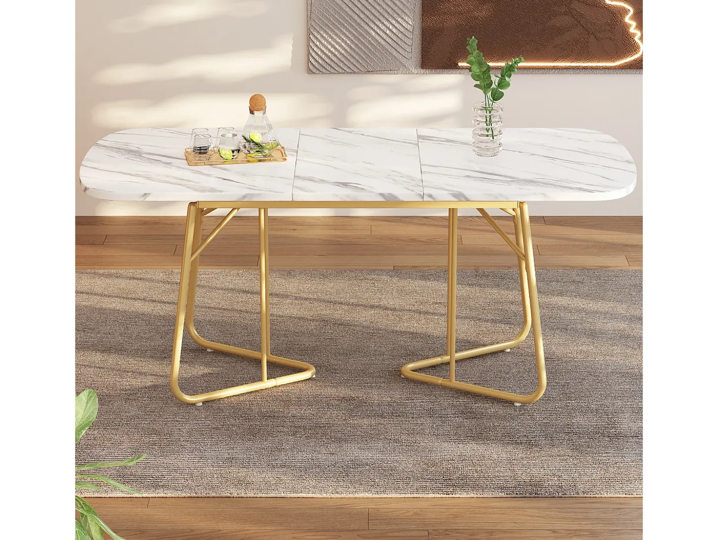 Mesa de comedor extensible para 4-6 personas 180x80cm en MDF con patas de metal dorado, chapa de mármol blanco
