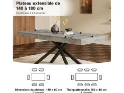 Mesa de comedor extensible - 140/180 x 80 x 76 cm - para 6 a 8 personas - patas de metal - MDF - gris