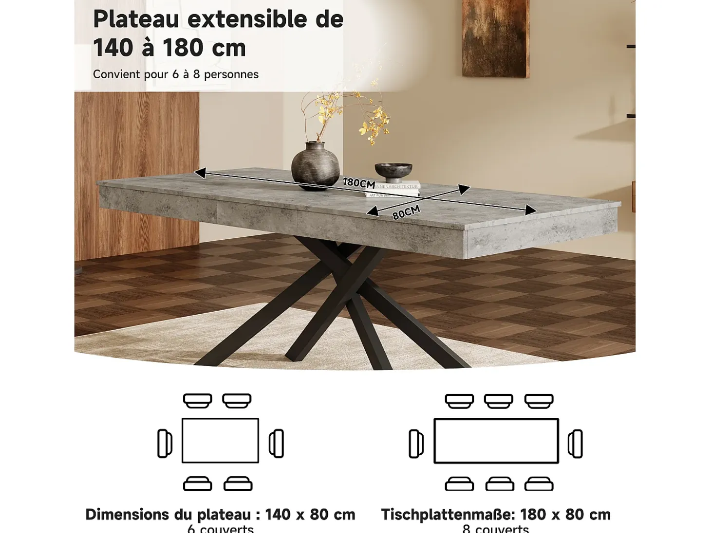 Mesa de comedor extensible - 140/180 x 80 x 76 cm - para 6 a 8 personas - patas de metal - MDF - gris