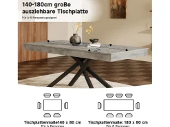 Mesa de comedor extensible - 140/180 x 80 x 76 cm - para 6 a 8 personas - patas de metal - MDF - gris