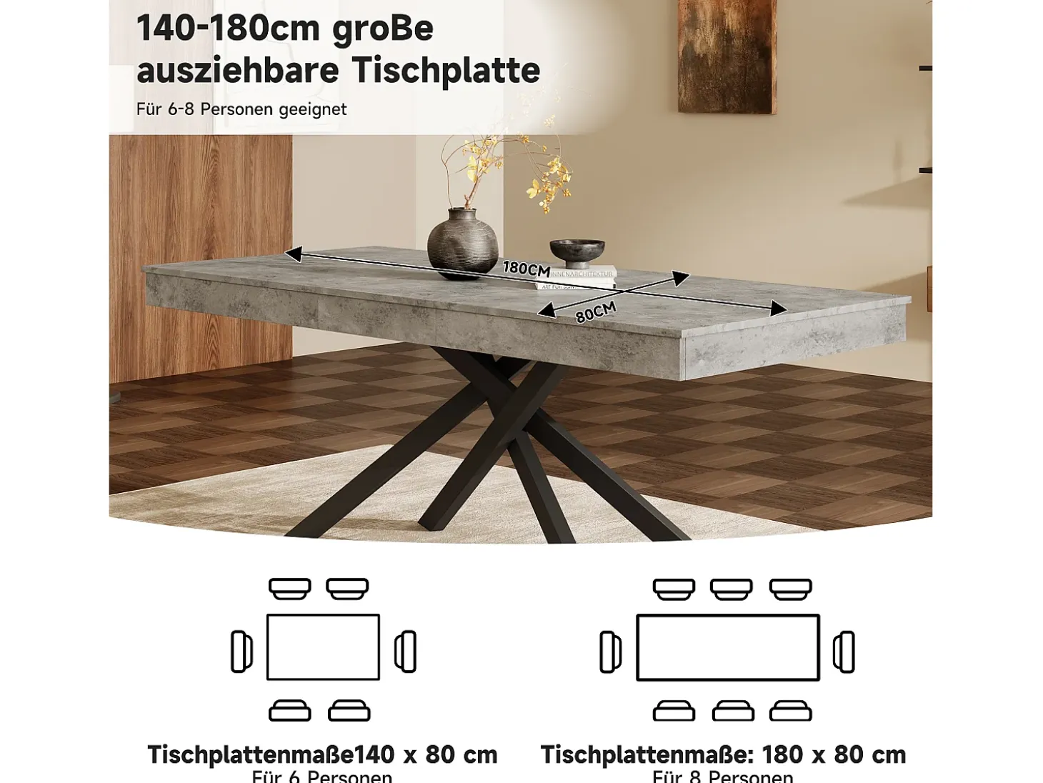 Mesa de comedor extensible - 140/180 x 80 x 76 cm - para 6 a 8 personas - patas de metal - MDF - gris