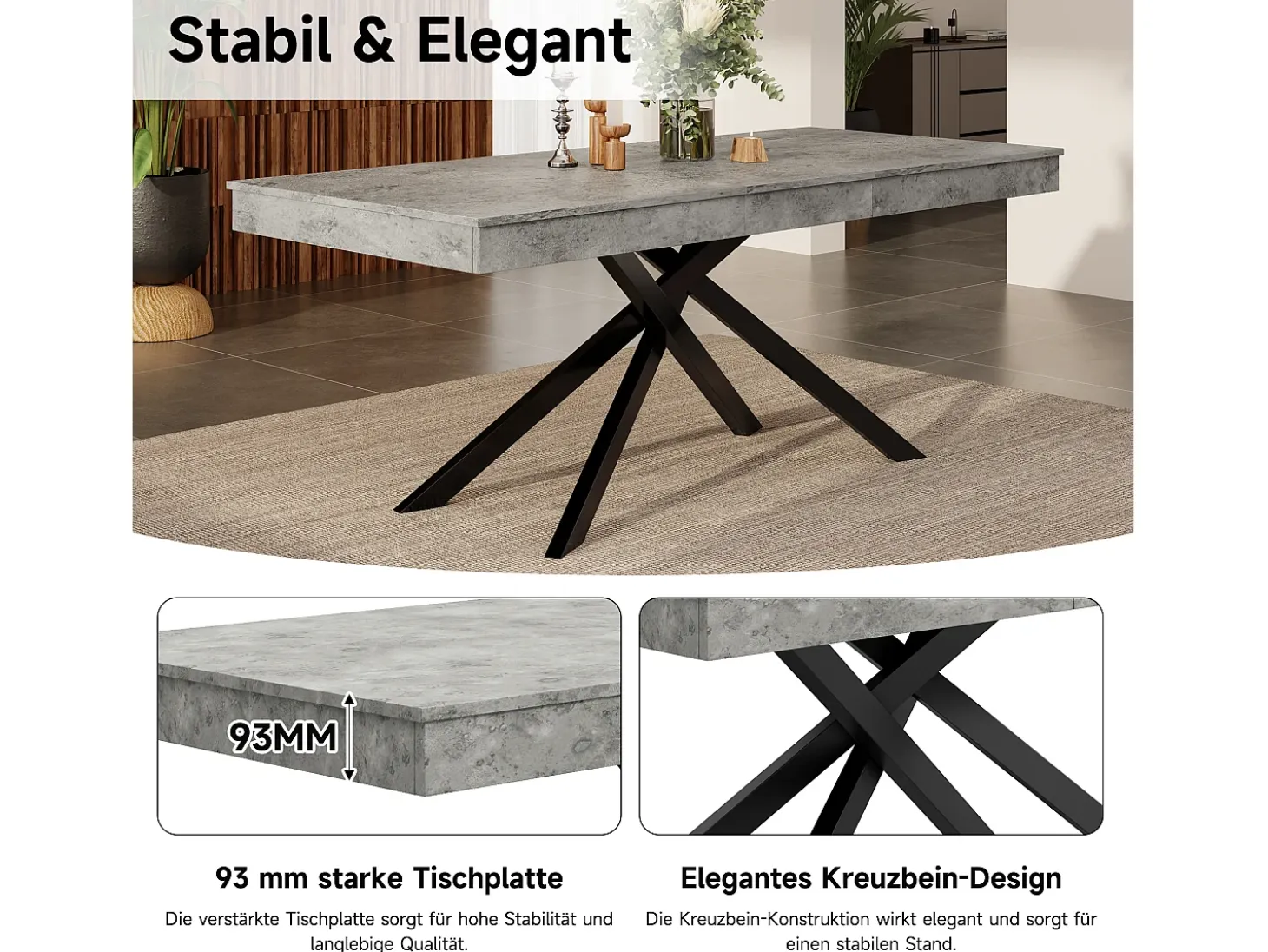 Mesa de comedor extensible - 140/180 x 80 x 76 cm - para 6 a 8 personas - patas de metal - MDF - gris