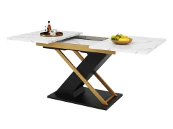 Mesa de comedor extensible para 6-8 personas 160x80cm, tapa chapada en mármol con patas cruzadas de metal dorado