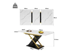 Mesa de comedor extensible para 6-8 personas 160x80cm, tapa chapada en mármol con patas cruzadas de metal dorado