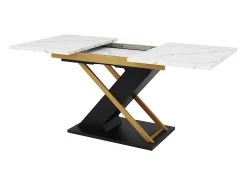 Mesa de comedor extensible para 6-8 personas 160x80cm, tapa chapada en mármol con patas cruzadas de metal dorado