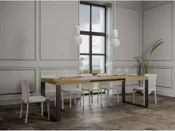 Mesa de comedor extensible tiroz-Color Natural-Base y soporte con ruedas-5 alargaderas finas-Ancho extensible