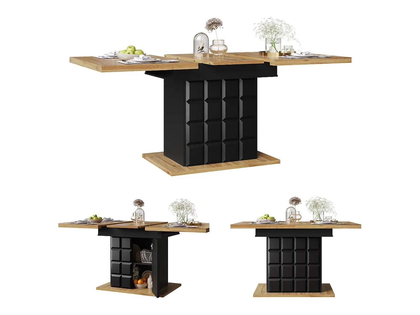 Mesa de comedor extensible con 2 puertas - Mesa de comedor plegable con diseño de cuadros - negra - para cocina y salón