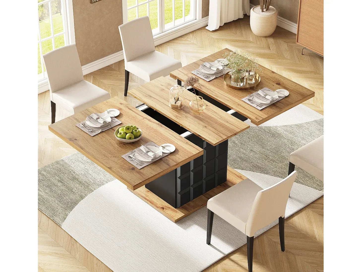 Mesa de comedor extensible con 2 puertas - Mesa de comedor plegable con diseño de cuadros - negra - para cocina y salón