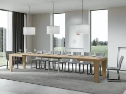 Mesa de comedor extensible de madera Kristo patas en V-Color Natural-Soporte 4 pies-5 alargaderas finas-Ancho extensible