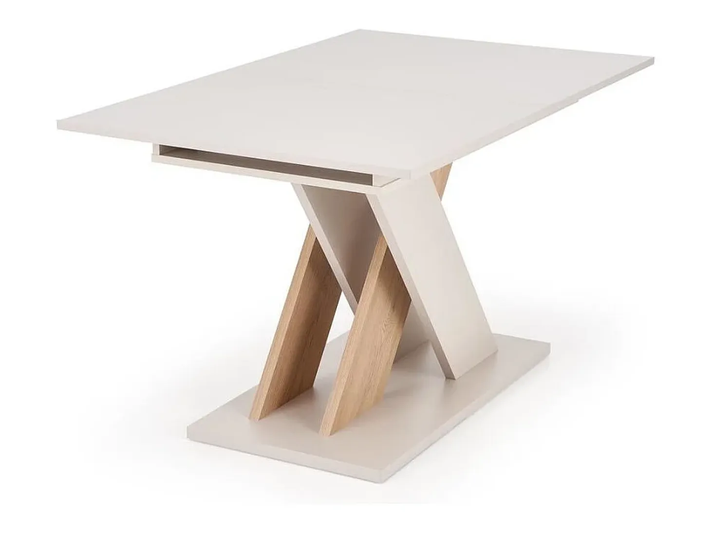 Mesa de comedor extensible APODIS con pata central beige y madera
