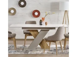 Mesa de comedor extensible APODIS con pata central beige y madera