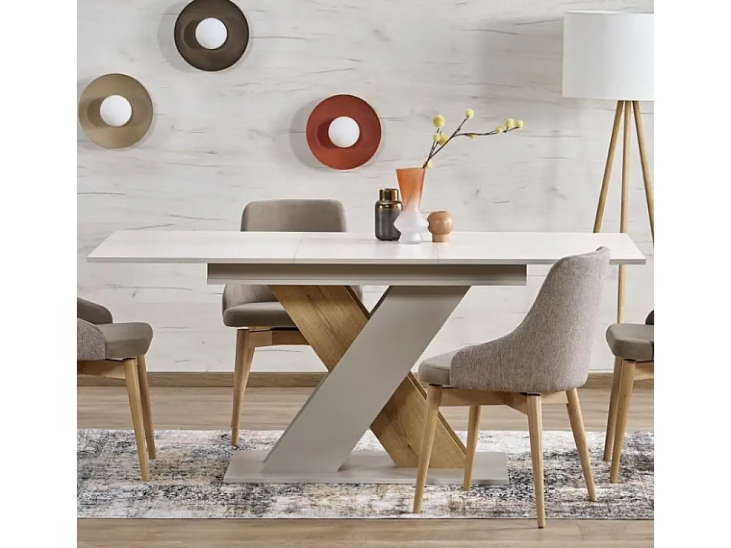 Mesa de comedor extensible APODIS con pata central beige y madera