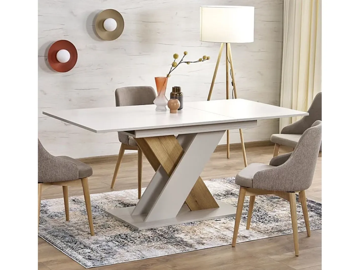 Mesa de comedor extensible APODIS con pata central beige y madera