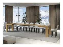 Mesa de comedor extensible de madera Ribo-Color Natural-Soporte 4 pies-5 alargaderas finas-Ancho extensible