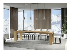 Mesa de comedor extensible de madera Ribo-Color Natural-Soporte 4 pies-5 alargaderas finas-Ancho extensible