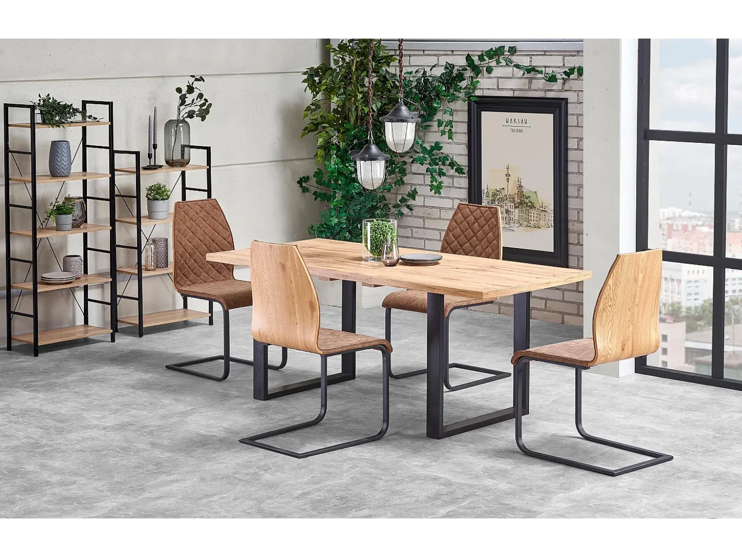 Mesa de comedor extensible de 135-185 cm con tablero de aspecto roble Wotan y patas de metal negro Venice