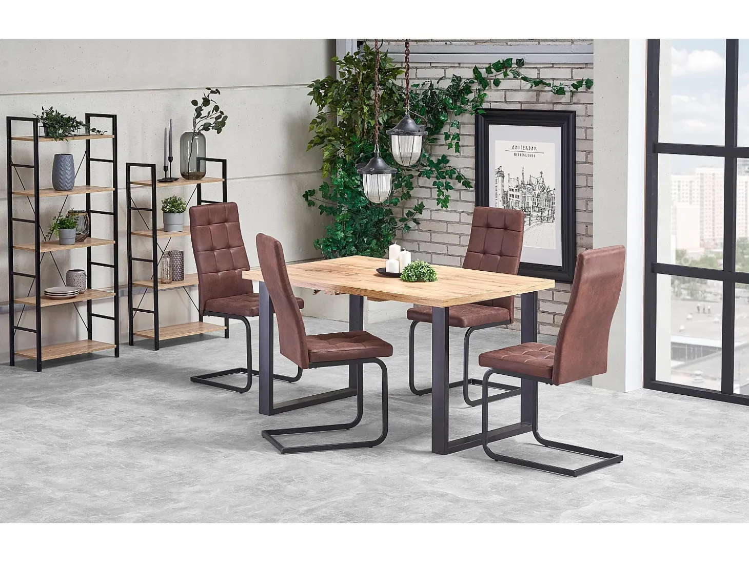 Mesa de comedor extensible de 135-185 cm con tablero de aspecto roble Wotan y patas de metal negro Venice