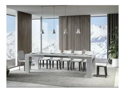 Mesa de comedor extensible de madera Ribo-Color Gris cemento-Base y soporte con ruedas-5 alargaderas finas-Ancho extensible