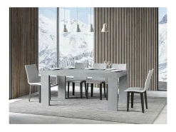 Mesa de comedor extensible de madera Ribo-Color Gris cemento-Base y soporte con ruedas-5 alargaderas finas-Ancho extensible