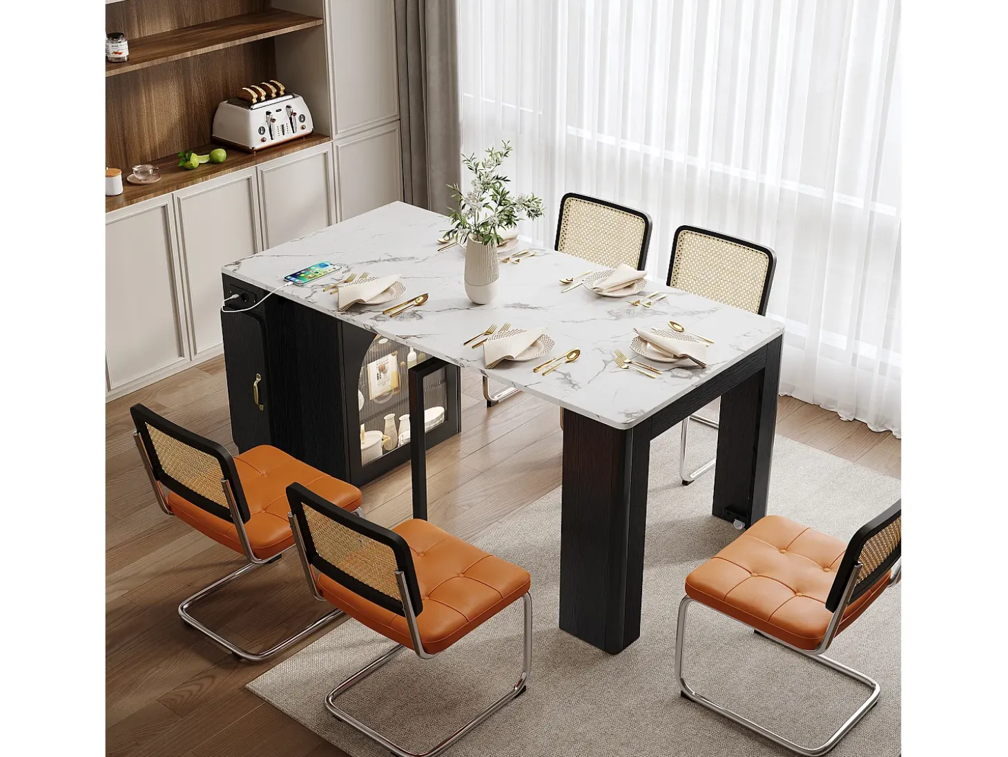 Mesa de comedor extensible negra – mesa de 3 puertas y 3 estantes – con toma de corriente y ruedas