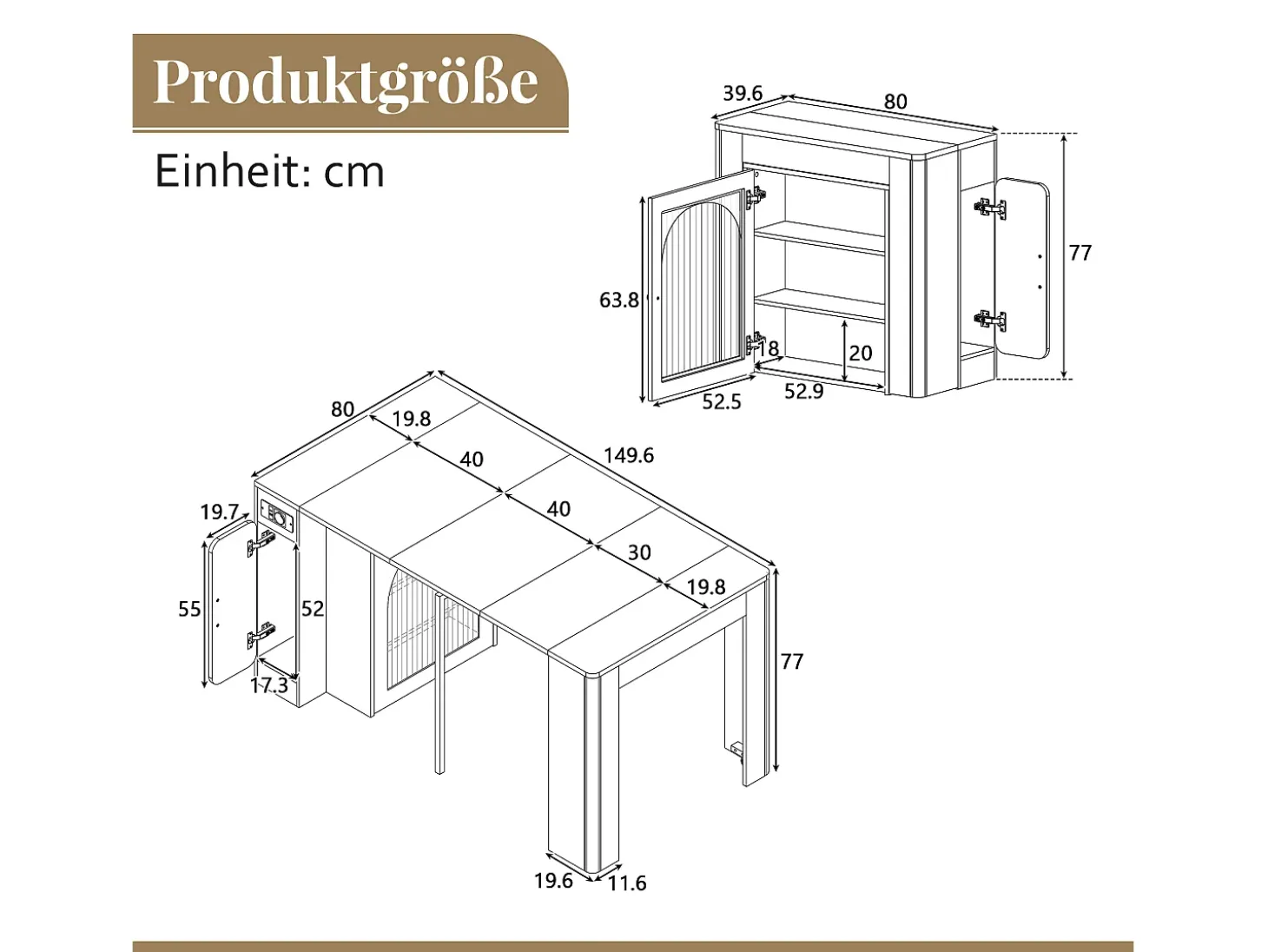 Mesa de comedor extensible negra – mesa de 3 puertas y 3 estantes – con toma de corriente y ruedas