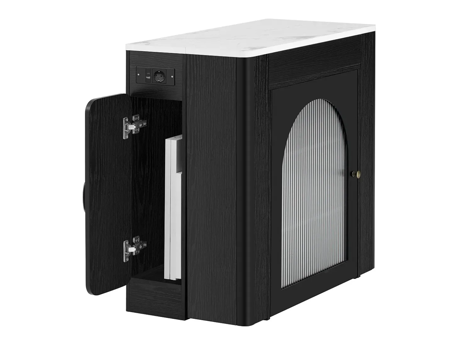 Mesa de comedor extensible negra – mesa de 3 puertas y 3 estantes – con toma de corriente y ruedas