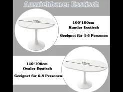 Mesa de comedor extensible ovalada para 4 a 6 personas - L 100/140 x A 100 x A 75 cm - Madera MDF - Blanco