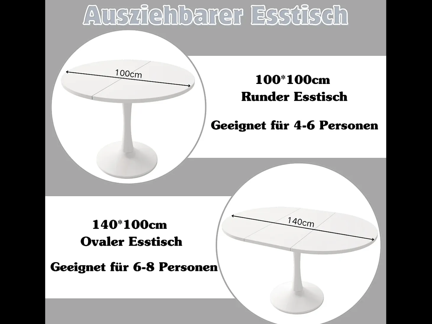 Mesa de comedor extensible ovalada para 4 a 6 personas - L 100/140 x A 100 x A 75 cm - Madera MDF - Blanco