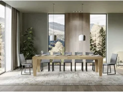 Mesa de comedor extensible de madera Kristo patas en V-Color Natural-Soporte 4 pies-Alargaderas -Ancho extensible