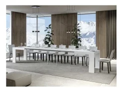 Mesa de comedor extensible de madera Ribo-Color Blanco-Base y soporte con ruedas-5 alargaderas finas-Ancho extensible
