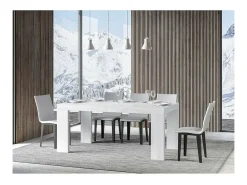 Mesa de comedor extensible de madera Ribo-Color Blanco-Base y soporte con ruedas-5 alargaderas finas-Ancho extensible