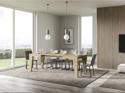 Mesa de comedor extensible de madera Naxo.-Color Natural-Base y soporte con ruedas-Alargaderas -Ancho extensible