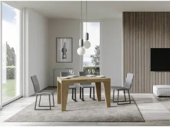 Mesa de comedor extensible de madera Naxo.-Color Natural-Base y soporte con ruedas-Alargaderas -Ancho extensible