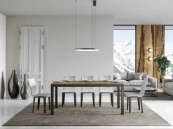 Mesa de comedor extensible Karry evolución-Color Gris cemento-Base y soporte con ruedas-Ancho extensible