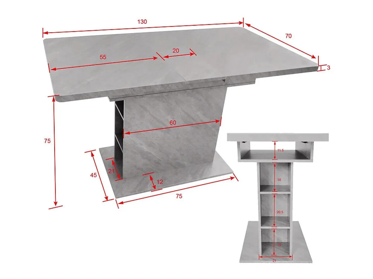 Mesa de comedor extensible moderna con almacenamiento debajo - Gris